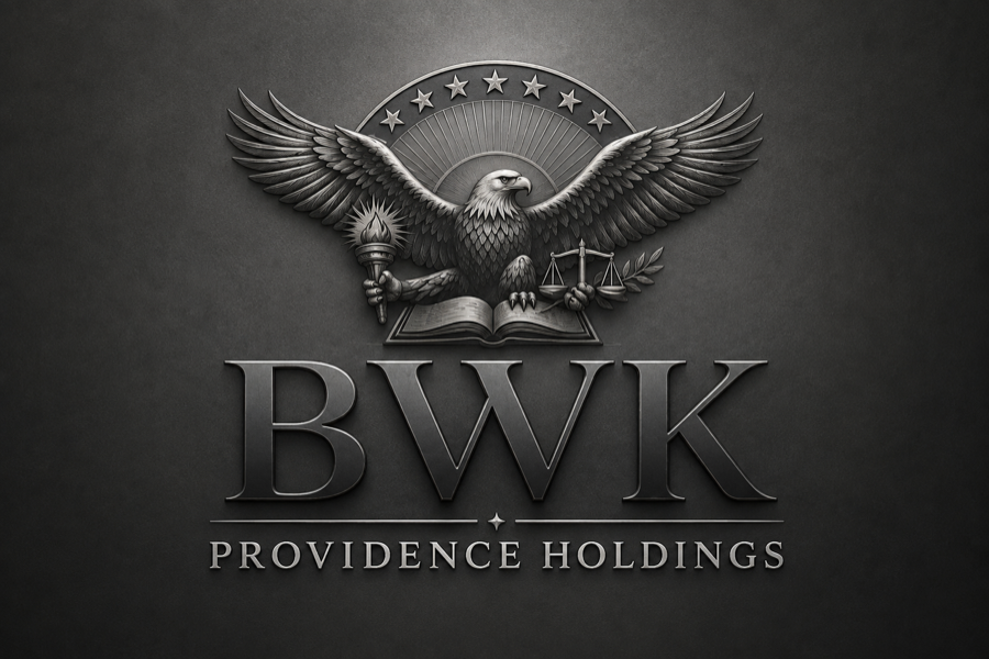B.W.K. Providence Holdings logo featuring an eagle, torch, scales, open book, and BWK initials